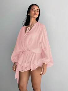 Aloruh Women's Glitter Lantern Sleeve Loose Drawstring Ruched Multi-Layered Ruffle Hem Mini Romantic Fairy Chiffon Dress