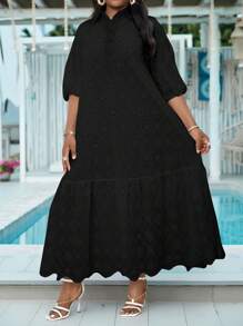 SHEIN Lady Plus Size Women Floral Embroidery Ruffle Hem Casual Vacation Dress,Summer Dresses For Women - Black - View 1