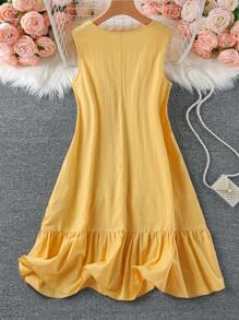 SHEIN LUNE 大码女式夏季度假风格纯色3D花卉装饰无袖连衣裙 - 黃色 - 查看 2