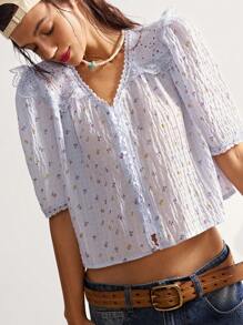 Bohemela 休闲印花彼得潘领宽松短袖女式衬衫 - 彩色 - 查看 7