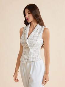 SHEIN Tall Chaleco de mujer elegante a cuadros de doble botonadura, conjunto de oficina de verano para mujer