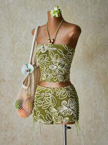 SHEIN ICON 女式露背吊带背心和低腰裙套装 - 綠色 - 查看 3