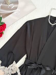 SHEIN 4pcs Set: Color Blocking Ruffled Trim Black Satin Camisole, Shorts, Skirt, And Robe - Black - View 5