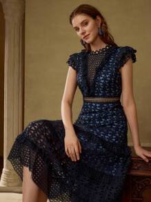 MOTF PREMIUM GUIPURE LACE RUFFLE HEM MIDI DRESS - Navy Blue - View 6