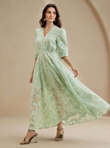 Anewsta Mùa xuân, mùa hè, thanh lịch, kỳ nghỉ, đêm hẹn hò, bãi biển váy dài vải lưới thêu eo bán trong suốt cổ chữ V cho nữ - màu xanh lá - Xem 7