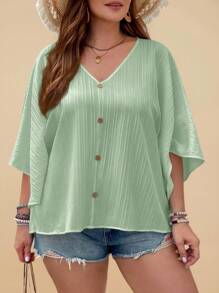 SHEIN VCAY Plus Size Textured Batwing Sleeve V-Neck Blouse, Vacation Wear - Mint Green - View 4
