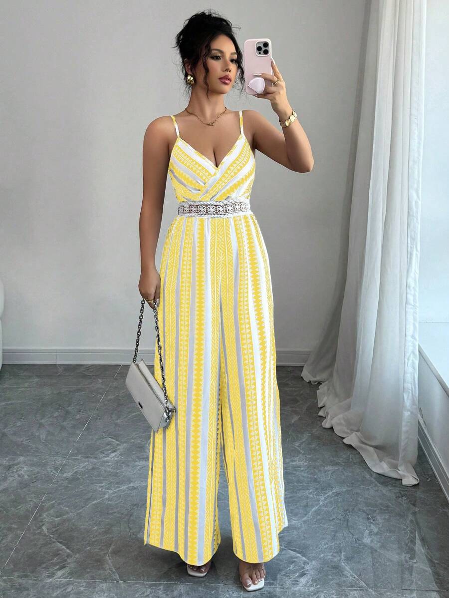 Elenzga Women's Contrast Color Lace Patchwork Jumpsuit - Yellow - View 1