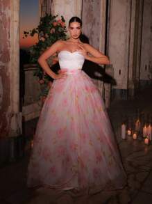 Glamrae Women's Elegant Digital Printed Luxury Satin Sweetheart Neck Adjustable Back Tie High Waist Extra Flare Formal Evening Gown, Party Dress, For Wedding Guest - Multicolor - View 5