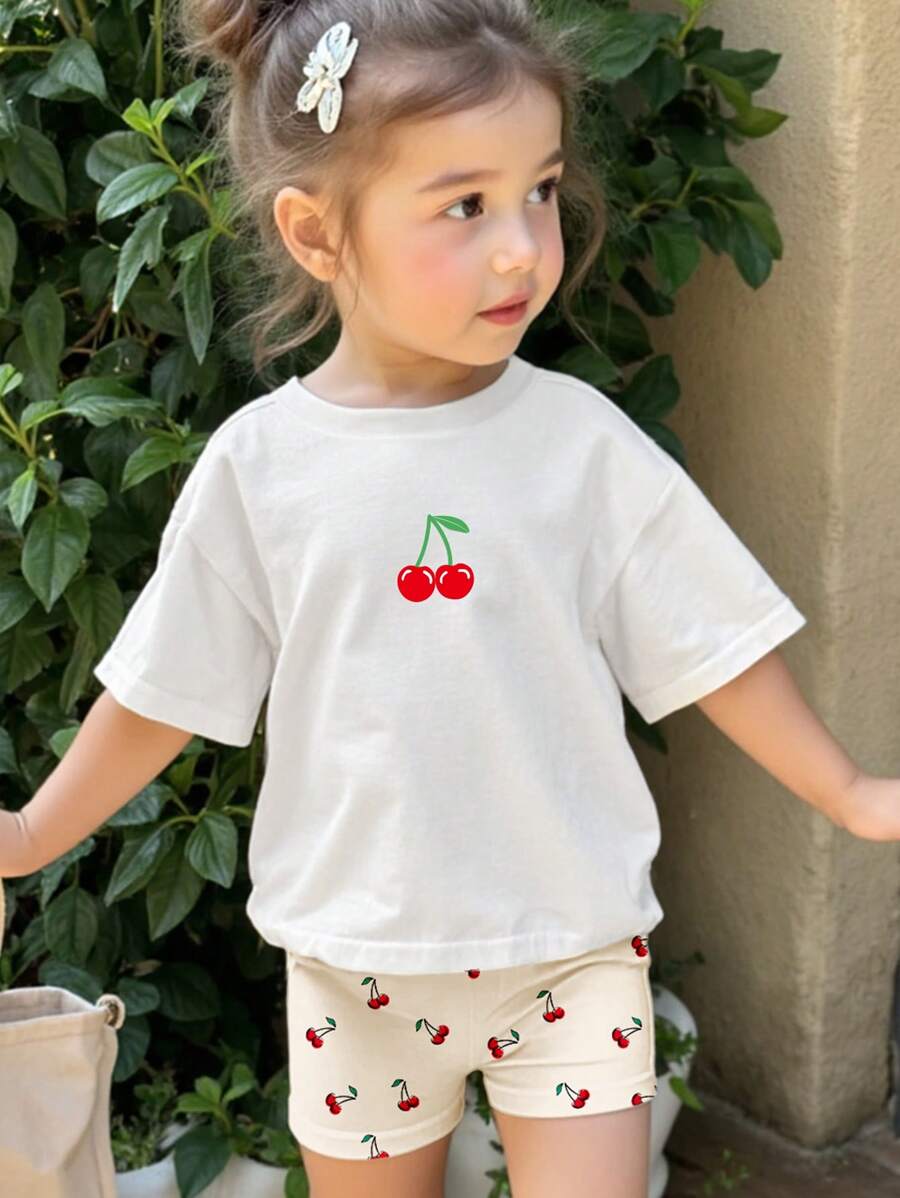 SHEIN Happikins Vintage Cherry Pattern Baby Girl Casual Minimalist Crew Neck Short Sleeve T-Shirt & Shorts 2 Pieces Set, Suitable For Spring & Summer - Multicolor - View 1