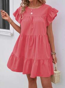 Breezaya Women Summer Solid Color Round Neck Loose Babydoll Dress With Ruffle Trim Vacation Beach Outfit - Watermelon Pink - View 6