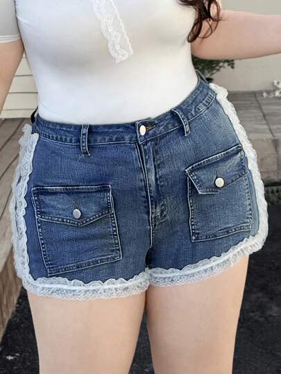 SHEIN ICON Plus Size Women Lace Trim Vintage Slim Fit Dark Blue Denim Shorts