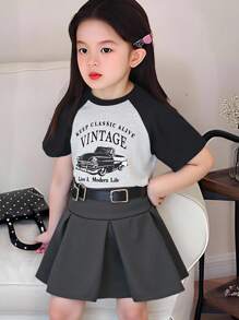 Tween Girls Casual Everyday Fashion Round Neck, Raglan Sleeve Short Sleeve Loose Letter Print Color Block T-Shirt And Elastic Waist Solid Color Pleated Skirt Summer 2 Pieces Set Summer Holiday - Dark Grey - View 3