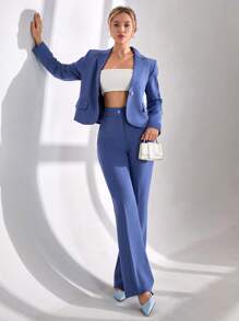 CLARA VERO Conjunto de traje de dos piezas profesional, que presenta una blazer de un solo botón y pantalones rectos a juego, detalles en la solapa, blazer entallada con bolsillos de cartera delanteros, mangas largas con diseño de puño limpio, pantalones de longitud completa a juego, silueta profesional con ajuste contemporáneo, tela de alta calidad con acabado suave, perfecto para entornos empresariales o formales