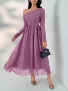 DAZY Elegant Summer Solid Color Asymmetrical Shoulder Mid-Length Dress For Women