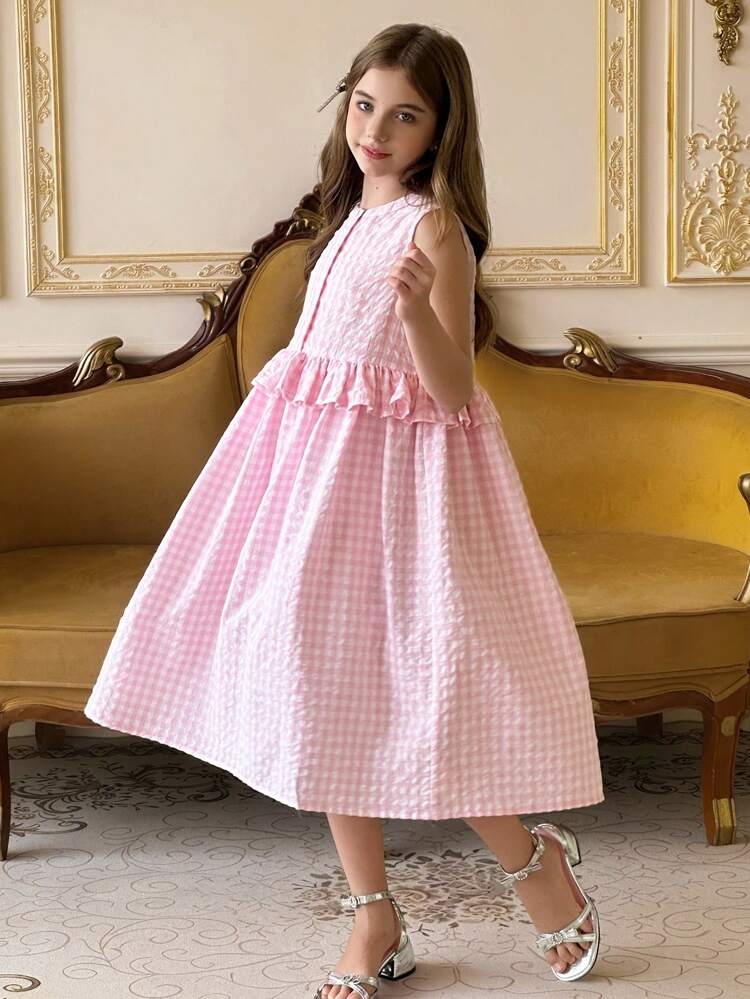 Tween Girls Casual Plaid Ruffle Hem Dress, Summer,Back To School Clothes