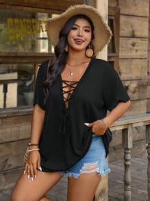 SHEIN LUNE Blusa de manga corta con cruce y lazo casual de vacaciones para mujer de talla grande, tops de verano para vacaciones, salir, playa, escuela y campo - Negro - Ver 3