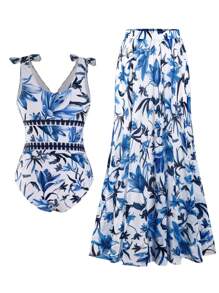 Swim Oasis Plus Size Women 2 Pieces High-End "Oasis" Set: V-Neck One-Piece Swimsuit With Blue & White Floral Print, Paired With Matching Floral Print Maxi Skirt, Suitable For Summer Beach Vacation