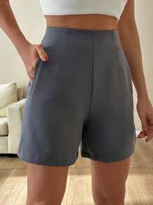 SHEIN Cottnline Women Solid Color Pocket And Zipper Detailed Grey Color Shorts Women Short Outfits - Grey - View 3