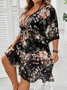 SHEIN CURVE+ Plus Floral Print Tie Front Ruffle Hem Cover Up Without Bikini Set Summer Beach Outfits For Woman/Beach Dress/Beach Vacation Outfits/Beach Essentials / Graduation/Tea Party Dress Summer/Country/Beach Vacation Outfits/Beach Outfits/Beach Wear/Women Summer Clothes Curve Summer Dress Plus Size Summer Dresses Curve Summer Outfits Plus Size Floral Dress Summer Dress For Curves, Country Concert Outfit - Multicolor - View 4