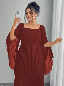 Modelyn Damen Plissee Taille Passform & Flare elegantes Pendler Große Größen Kleid mit quadratischem Ausschnitt und Langarm - Gebrannte Orange - Übersicht 5