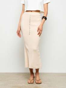 AiiRZ Ribbed Knit Button Detail Midi Skirt Column Pencil Style Autumn Winter Elegant Office Wear - Apricot - View 1