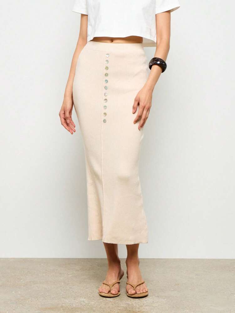 Ribbed Knit Button Detail Midi Column Pencil Sweater Skirt
