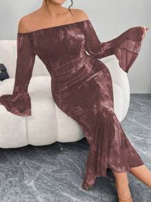Modelyn Plus Size Women Off-Shoulder Flared Sleeve Elastic Net Tie-Dye Print Pleated Fitted Fishtail Hem Elegant Bodycon Dress - Multicolor - View 7
