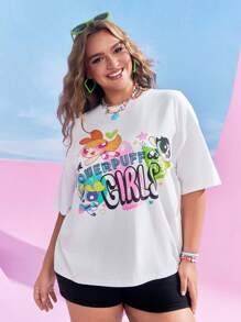 THE POWERPUFF GIRLS X SHEIN Plus Size Women Casual Blossom, Bubbles, Buttercup Pattern Loose Batwing T-Shirt, Summer - White - View 6