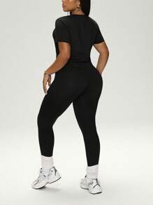 Rhythm Era 2pcs Women Casual Fitted Short Sleeve Top And Skinny Leggings Set, For Spring/Summer, Plus Size Sports Outfit
