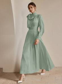 Anewsta Váy dài nữ có bèo nhún eo, phong cách đa năng thanh lịch và sang trọng, mùa xuân/thu - Màu xanh Bạc hà - Xem 3