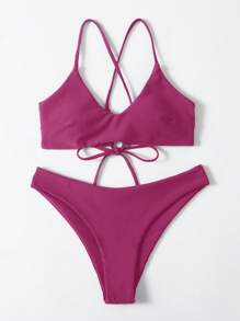 SHEIN Swim Women's Beach Holiday Swimwear Set, Wireless Bikini For Summer Beach Vacation - Burgundy - View 3