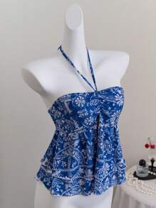 SHEIN Unity Cute Floral Print Tie Front Fashion Halter Neck Tank Top - Blue and White - View 1