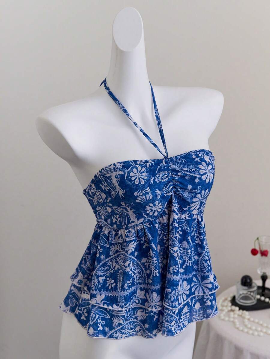 SHEIN Unity Cute Floral Print Tie Front Fashion Halter Neck Tank Top - Blue and White - View 1