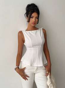 Aloruh 女士日常休闲商务简约复古风格纯色教师上衣外出背心优雅极简无袖衬衫，适合办公室通勤、毕业季、返校季等场合。 - 白色 - 查看 6