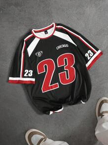 Manfinity Sporsity Men's Colorblock Striped & Letter Print Casual Short Sleeve T-Shirt, Versatile For Summer Sport Jersey Number Jersey