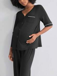 BloomMama 孕妇家居服 - 短袖上衣 + 长裤 - 黑色 - 查看 5