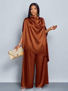SOLERSUN 女士时尚纯色优雅立领时尚精致蝙蝠袖缎面不对称下摆衬衫和直腿优雅长裤套装 - 棕色 - 查看 5