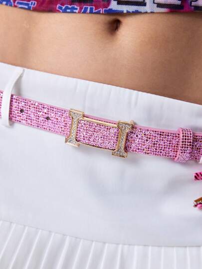 ROMWE Avant 1pc Sweet Punk Style Pink Sequin Plaid Waist Belt, Y2K Retro Fashion Rhinestone Metal Buckle Leather Belt, Personalized Accessory