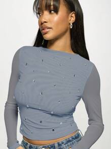 MISSGUIDED 长袖网眼水晶装饰短款上衣秋冬华丽水钻派对俱乐部装晚装分层单品