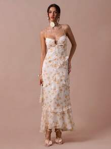 Enchnt 春夏浪漫女士橙色花卉印花系带前褶边下摆吊带中长连衣裙，甜美优雅，适合度假、约会、节日、派对、毕业典礼、婚礼嘉宾、海滩和宴会、舞会礼服、女士夏季连衣裙、夏季服装