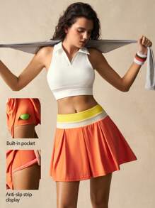 VARSIVA Women's Casual Contrast Color Waistband Tennis Sports Skirt Shorts - Multicolor - View 3