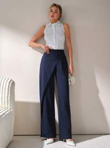 CLARA VERO Pantalones de pierna ancha con rayas azules marinas y detalles de botones para mujer