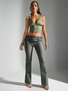 Denimoi 系带修身喇叭裤侧系带中腰裤