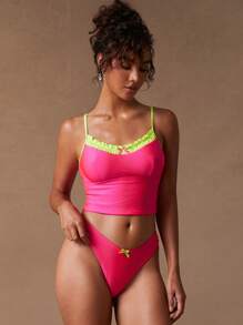 SHEIN Unity Cute Pink Summer Beach Holiday Color Block Neon Bikini Top, Gyaru Club Concert Music Festival National Tour Poolside Vacation Party - Black - View 5