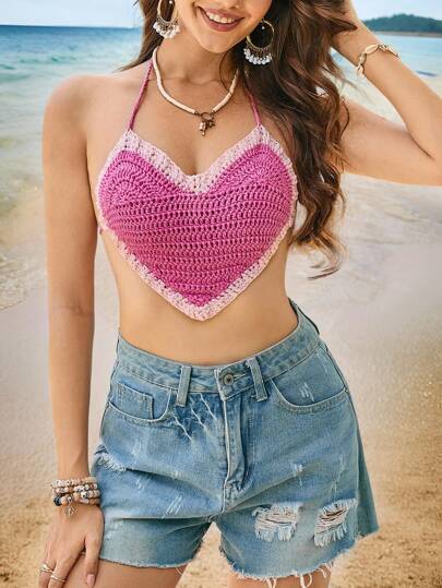 Swim Mod Top halter de verano con cuello de lazo en forma de corazón de melocotón tejido a ganchillo, top corto y sexy con diseño calado