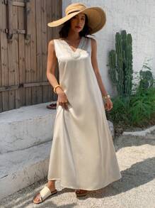 DAZY 奢华V领水钻装饰休闲连衣裙，宽松显瘦独特设计，高端女士风格连衣裙 - 香檳色 - 查看 7