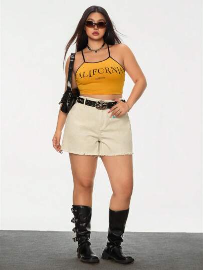 SHEIN EZwear 大码女式磨边休闲纯色高腰宽松牛仔短裤，夏季