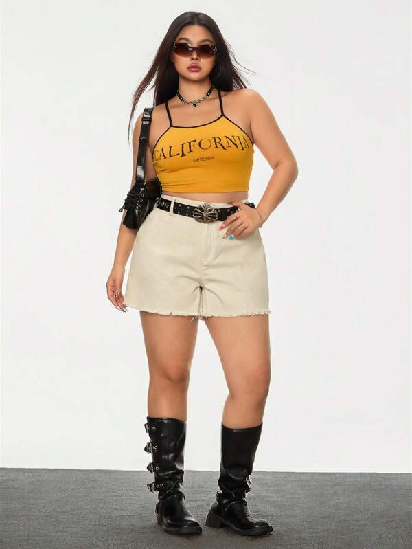 SHEIN EZwear 大码女式磨边休闲纯色高腰宽松牛仔短裤，夏季