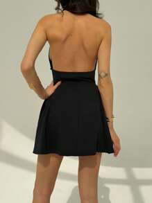 Aloruh Đầm mini hở lưng màu trơn gợi cảm mùa hè cho nữ - màu đen - Xem 2