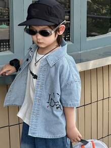 Dazy Kids Toddler Boys' Turndown Collar Printed Short Sleeve Denim Shirt